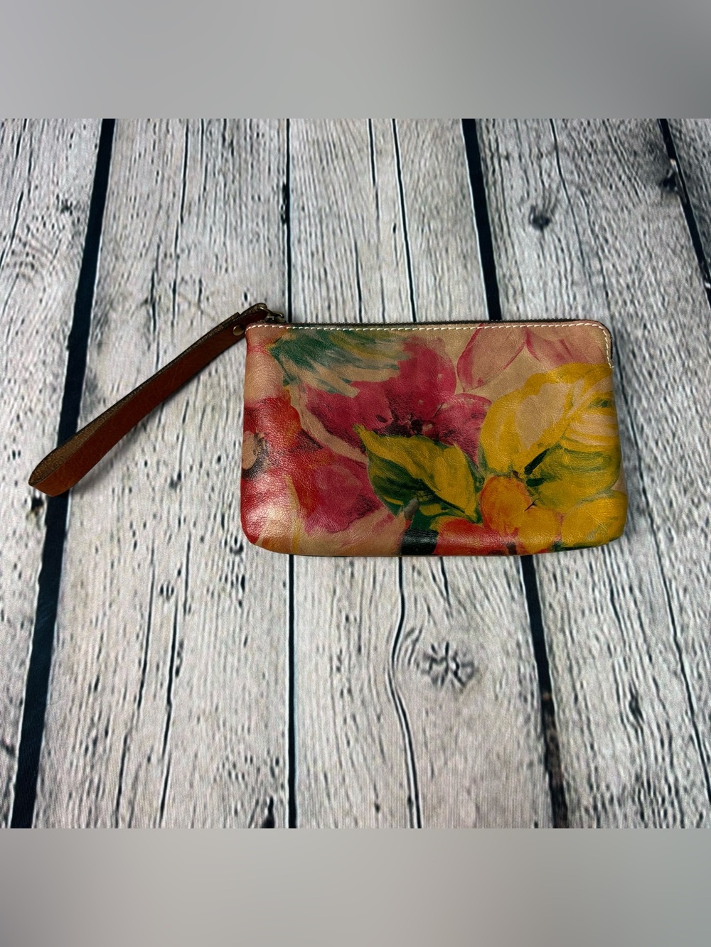 Patricia Nash Floral Watercolor 100% Italian Leather Clutch Wristlet Purse Boho